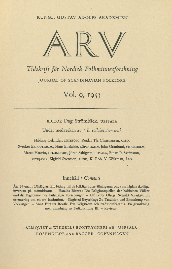 Arv - Scandinavian Yearbook of Folklore Vol. 9 - 1953