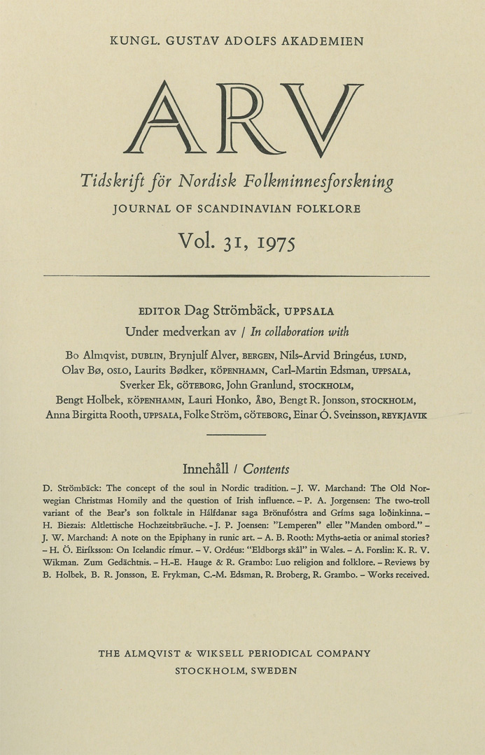 Arv - Scandinavian Yearbook of Folklore Vol. 31, 1975