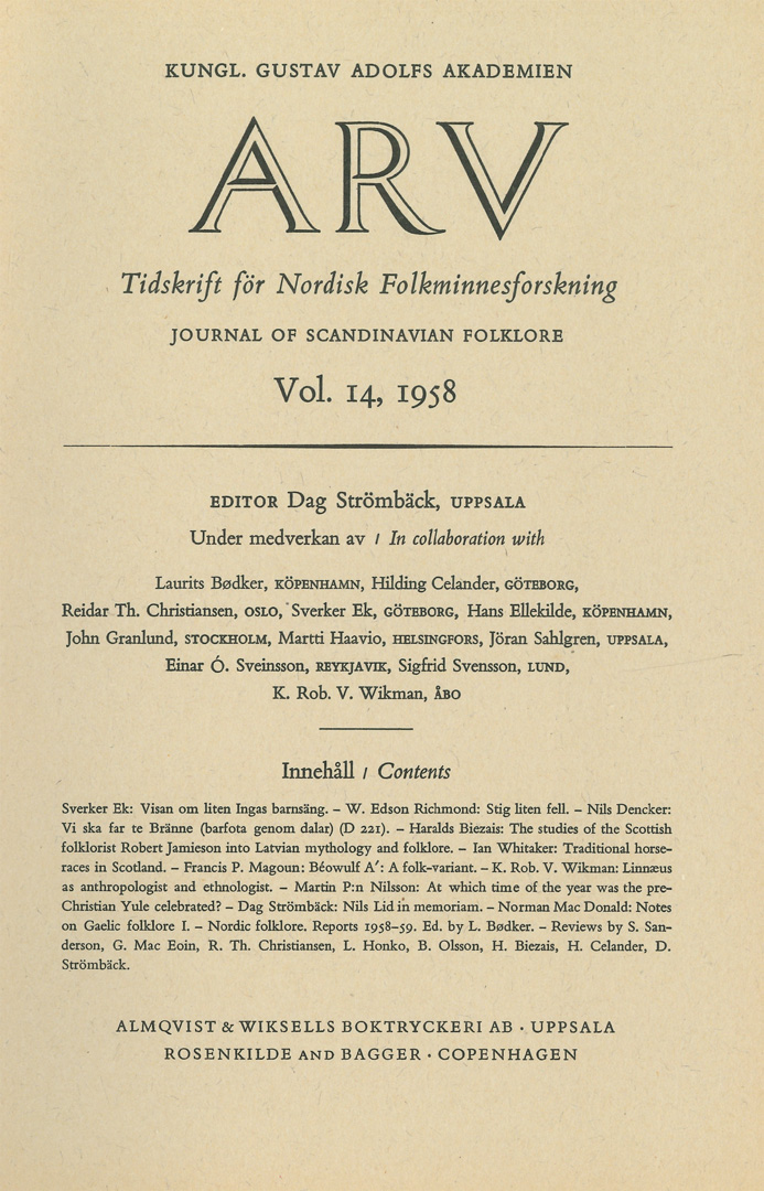 Arv - Scandinavian Yearbook of Folklore Vol. 14 - 1958