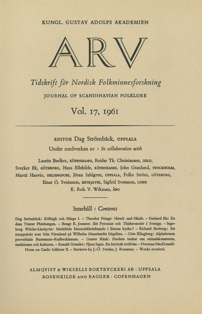 Arv - Scandinavian Yearbook of Folklore Vol. 17 - 1961