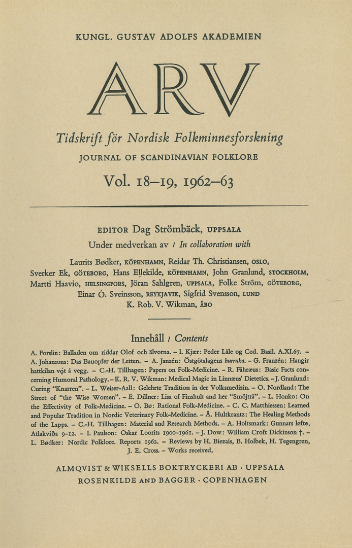 Arv - Scandinavian Yearbook of Folklore Vol. 18–19, 1962–63