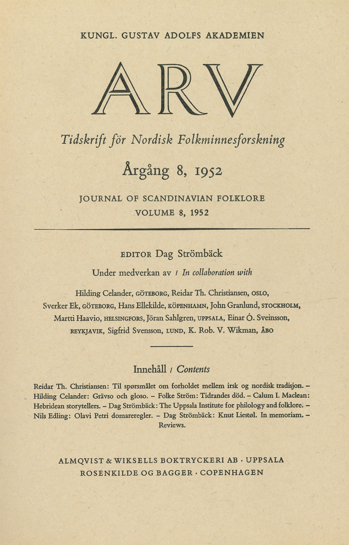 Arv - Scandinavian Yearbook of Folklore Vol. 8 - 1952