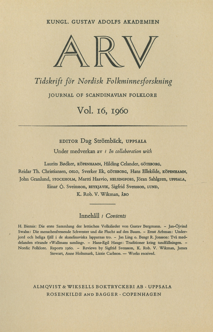 Arv - Scandinavian Yearbook of Folklore Vol. 16 - 1960